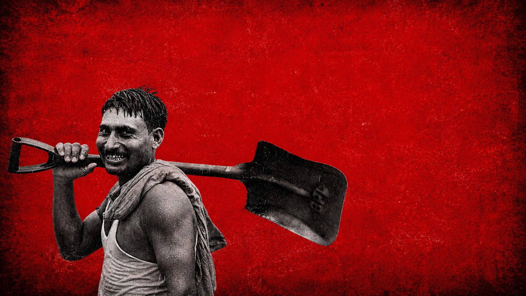 Raju Mistri's worksite with a red shop and workers